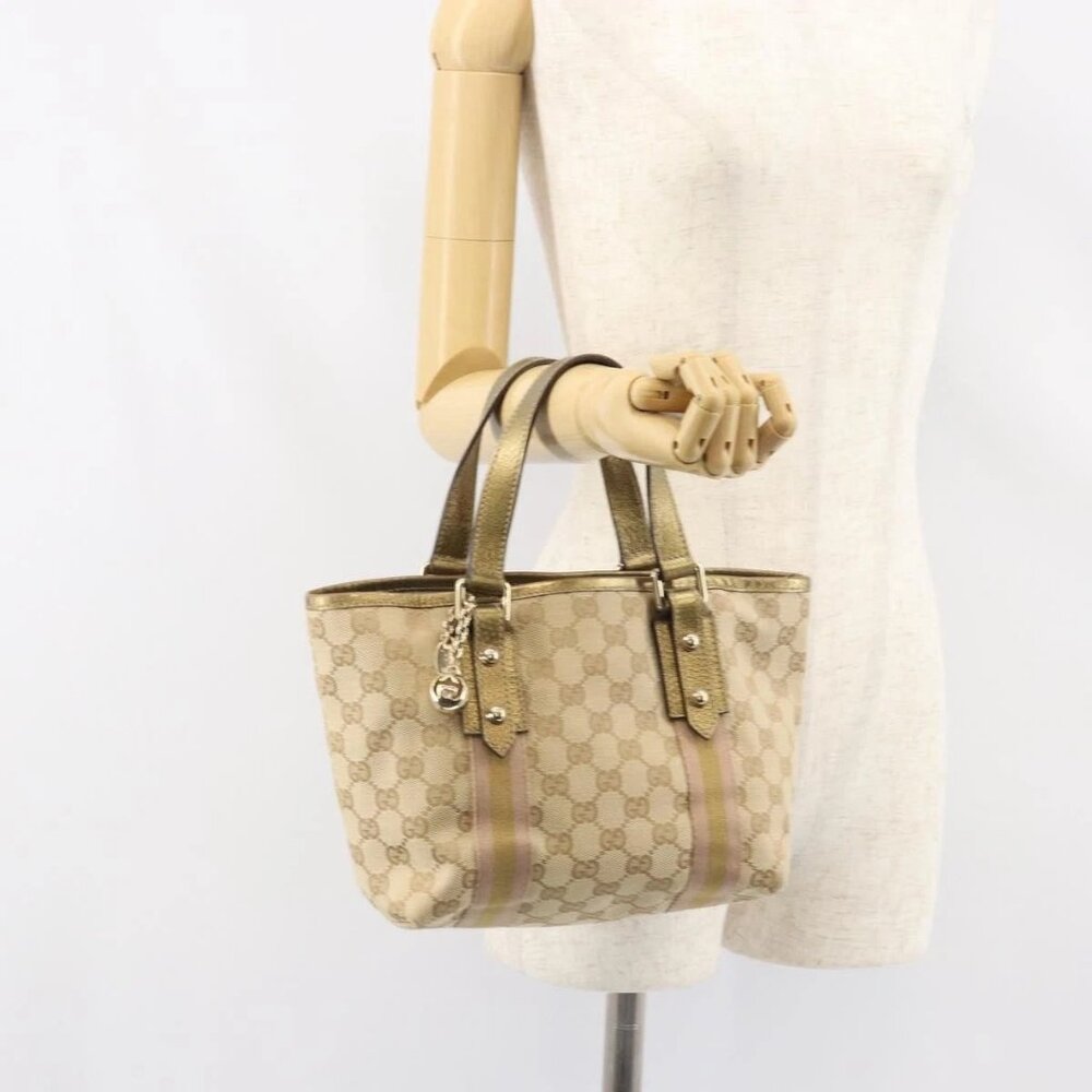 GUCCI GG Canvas Sherry Line Hand Bag Beige Gold 139261 Auth BA8631